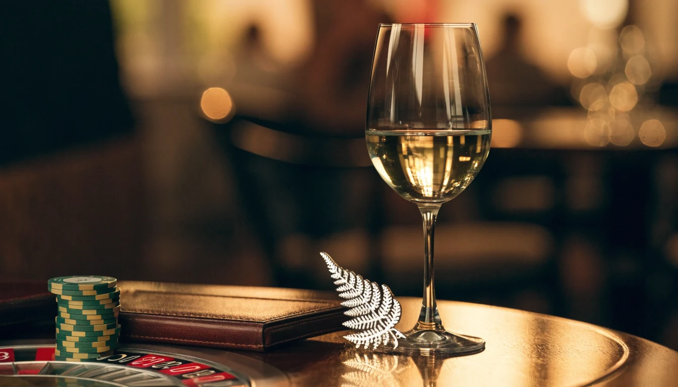 Casino chips, roulette wheel, and a New Zealand fern on a dark wood table