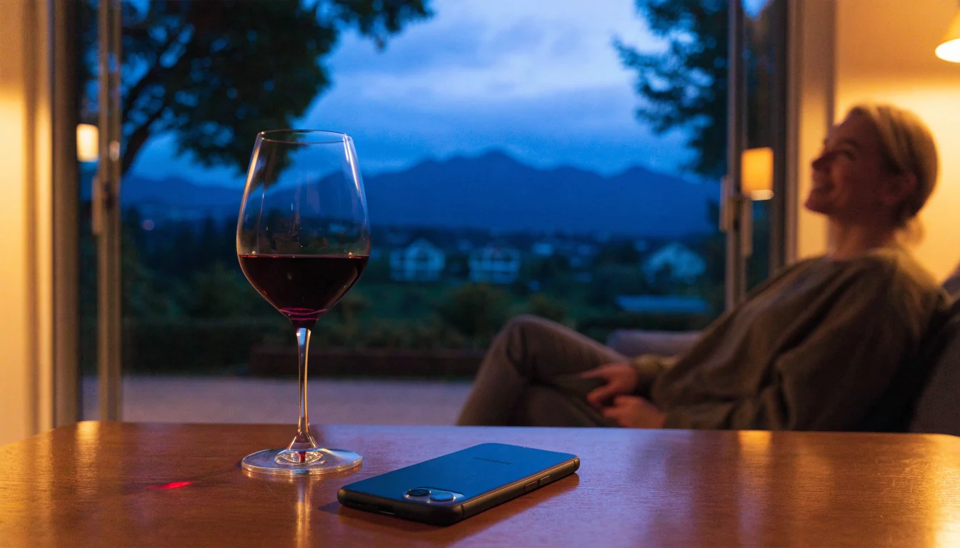 New Zealand home at dusk with smartphone, wine, and mountain view