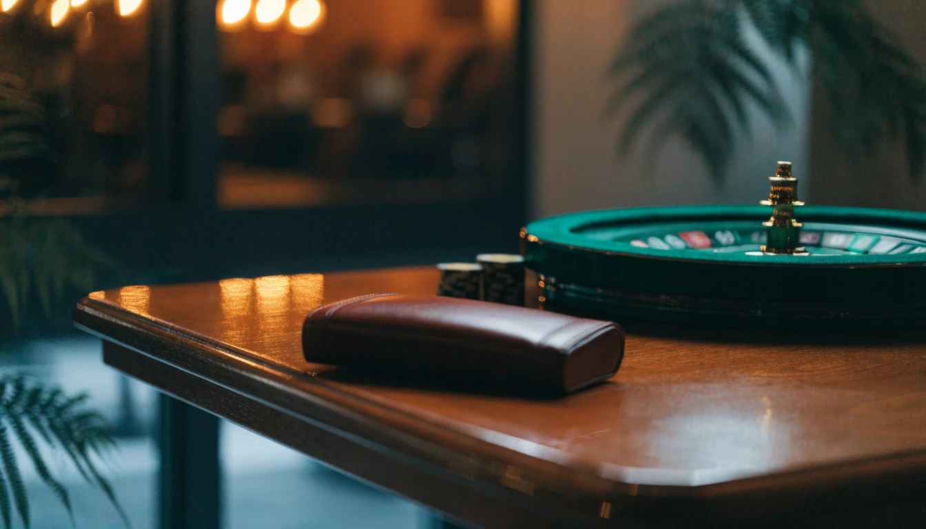 Elegant casino table with roulette wheel and chips in a warm New Zealand lounge setting